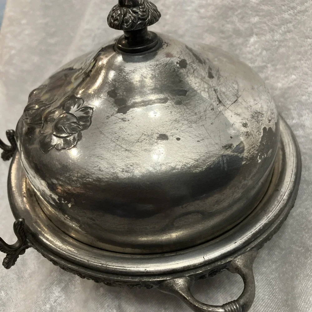 Vintage Webster Silver Plated Butter Dish Cover Handles Raised Etched Rose 645